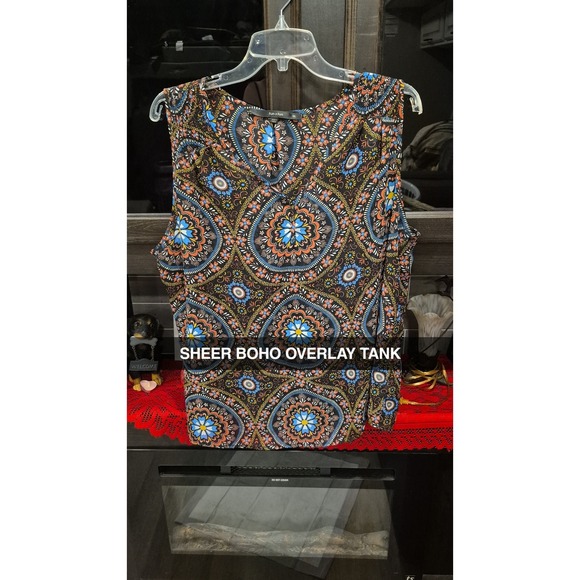 Fun 2 Fun Boho‎ Tank Top Sheer V-Neck Overlay Sleeveless Blouse Aztek 1XL 109 - Picture 1 of 6